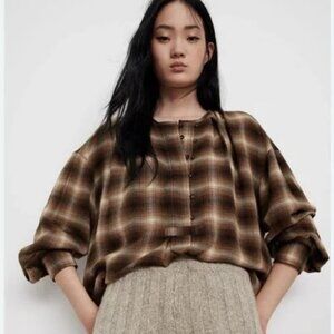 ZARA brown 1990s Grunge Inspired Plaid Oversized Woman Pullover Blouse Size SM